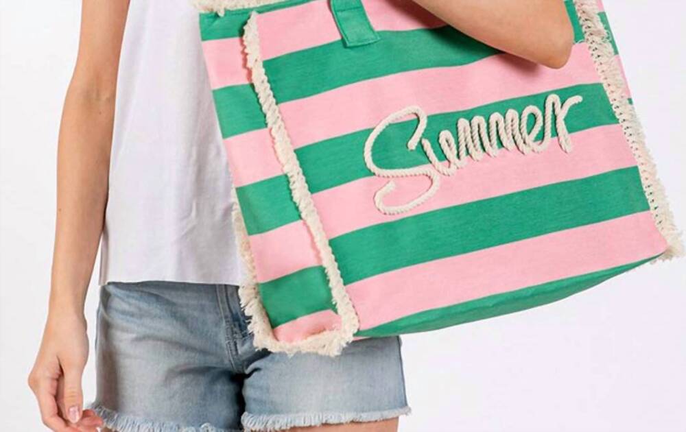 NEW 3AM BY H&D ACCESSORIES women's striped rope fringe summer tote bag in pink &